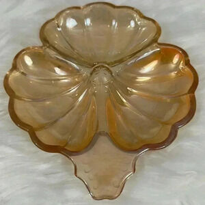 Vintage Jeannette Carnival Glass Amber Marigold Clover Leaf Dish